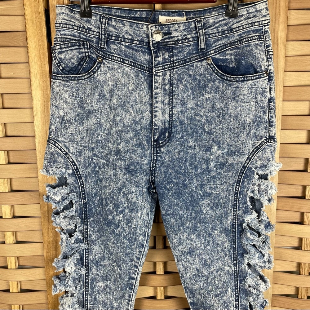 RED FOX Distressed Side Slashed Acid Washed High Rise Jeans 80s - Picture 4 of 6